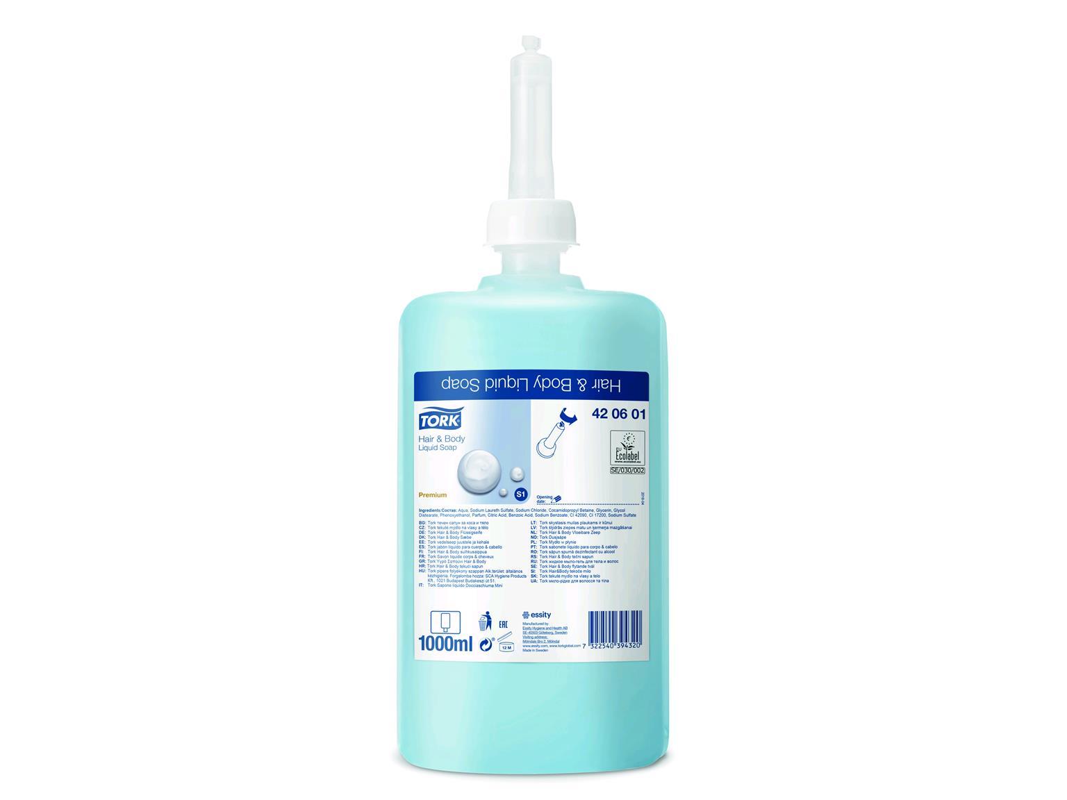 Flüssigseife Tork Premium Hair & Body, 1 lt. Flasche, blau, extra mild, Flüssigseife Tork Premium Hair & Body, 1 lt. Flasche, blau, extra mild,