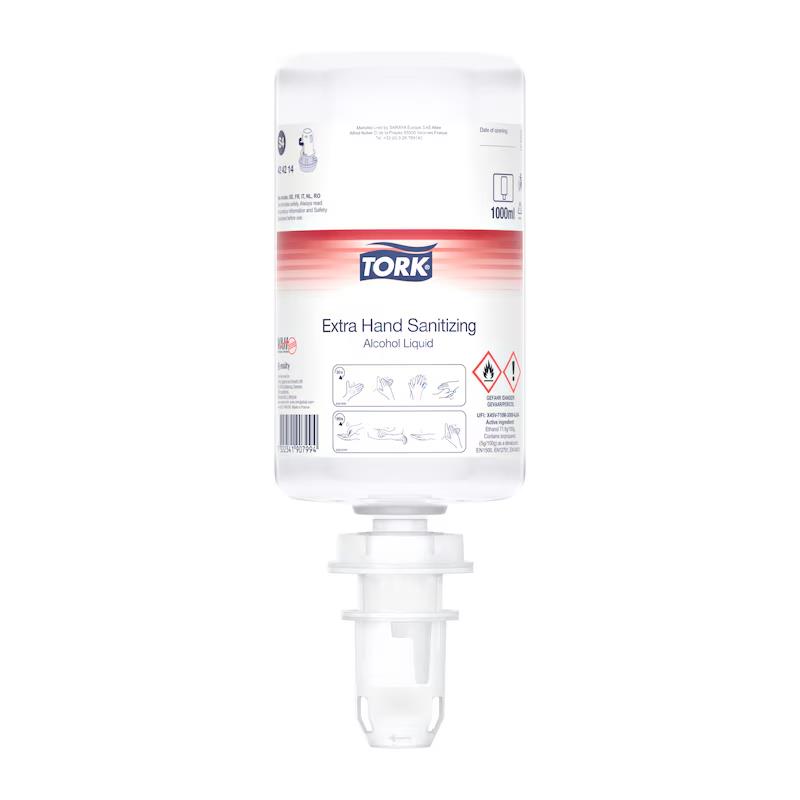 Desinfizierende Tork Hand-Flüssigkeit mit Alkohol, 1000ml Flasche,transparent,